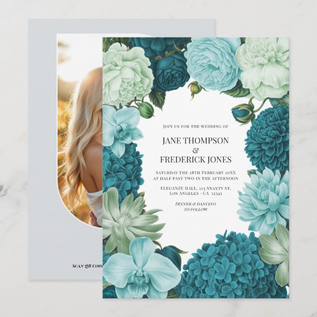 Convite Casamento Sage Mint, Ocean Teal & Ice Bluebell (Frente/Verso)