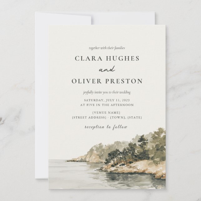 Convite Casamento Sage Olive Pine Script na Costa de Maior (Frente)
