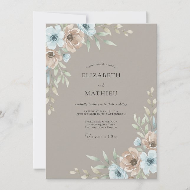 Convite Casamento Sage Ranunculus Aço Bege (Frente)