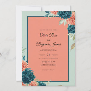 Convite Casamento Salmão Teal Zinnia Eucalipto