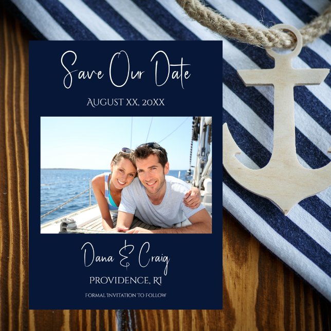 Convite Casamento Salva A Data Fotografia Marinho Náutico (Wedding Save The Date Photo Nautical Navy Invitation)
