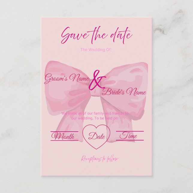 Convite Casamento "Salve a Data" com Laço Rosa Elegante  (Frente)