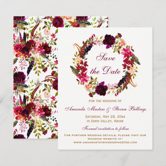 Convite Casamento - Salve a Data - Floral Burgundy, Penas (Frente/Verso)
