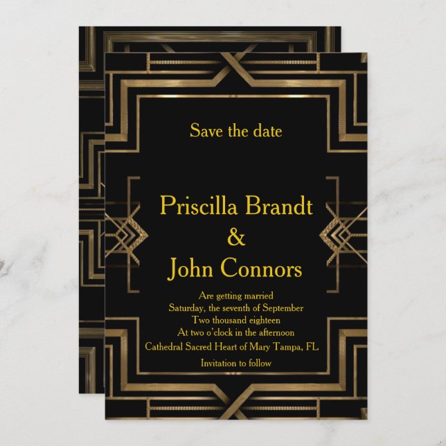 Convite Casamento Salve a data, preto e ouro, excelente-Ga (Frente/Verso)