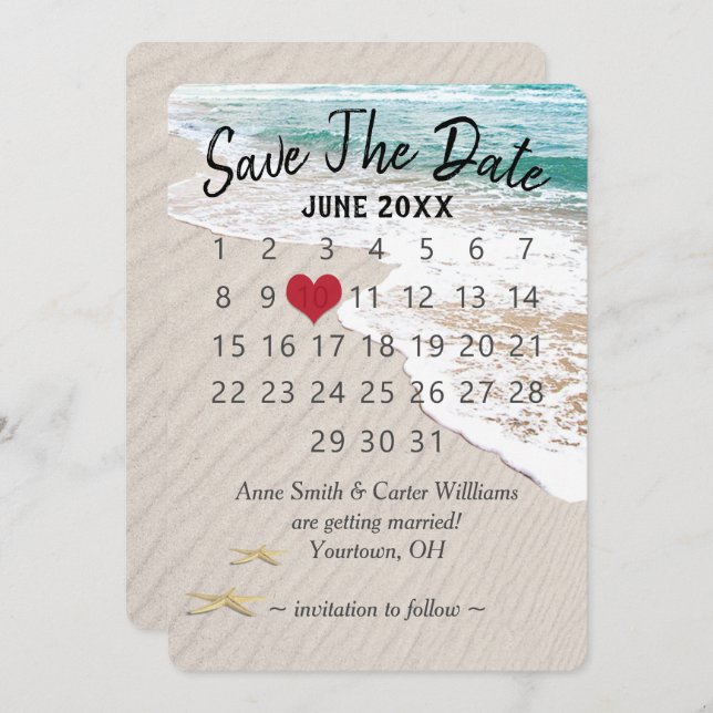 Convite Casamento Salve o Calendário de Datas no Mar do Oc (Frente/Verso)