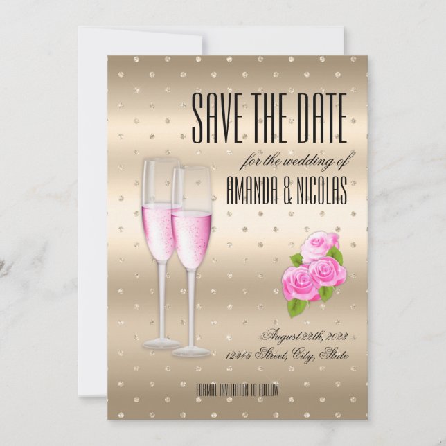 Convite Casamento Save The Date champanhe rosa dourado ele (Frente)