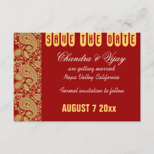 Convite Casamento Save the date em paisley vermelho e dour