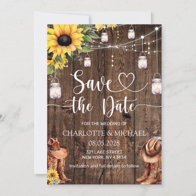 Convite Casamento Save the Date Western Girassol (Frente)