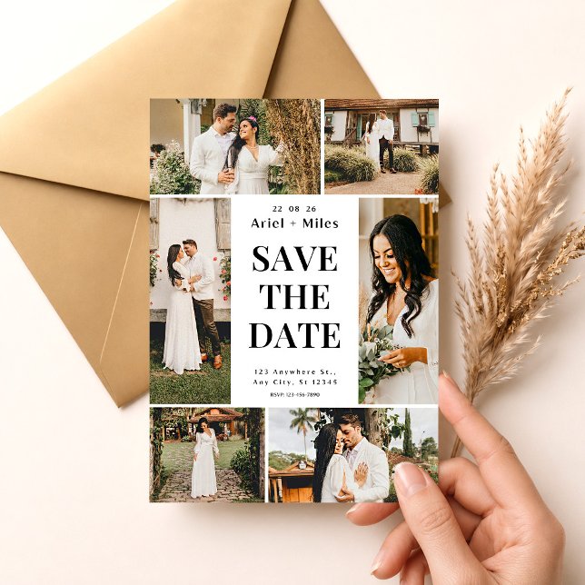 Convite Casamento Save the Dates Colagem de Fotos Rústica  (Wedding Save the Date Template, Photo Collage Save the Date Card, Editable Wedding Announcemen)