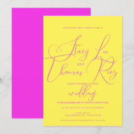 Convite Casamento Script Amarelo Rosa Brilhante Moderno Ou