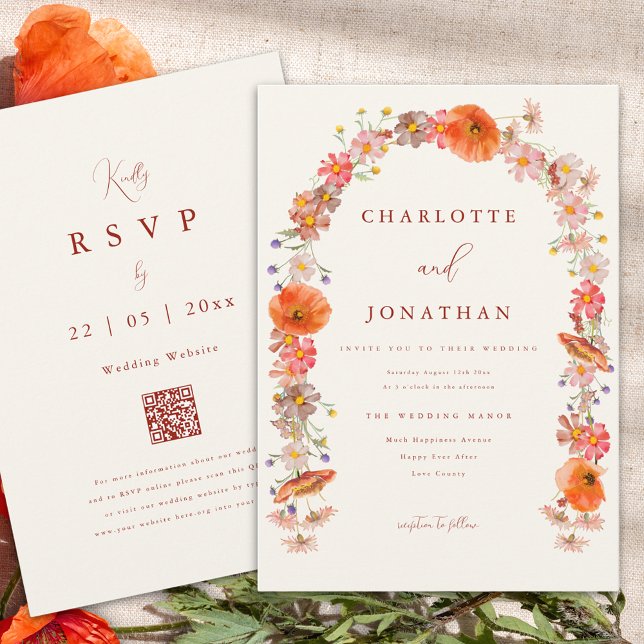 Convite Casamento Selvagem Boho de Outono (Boho wildflower arch fall wedding invitation orange qr code)