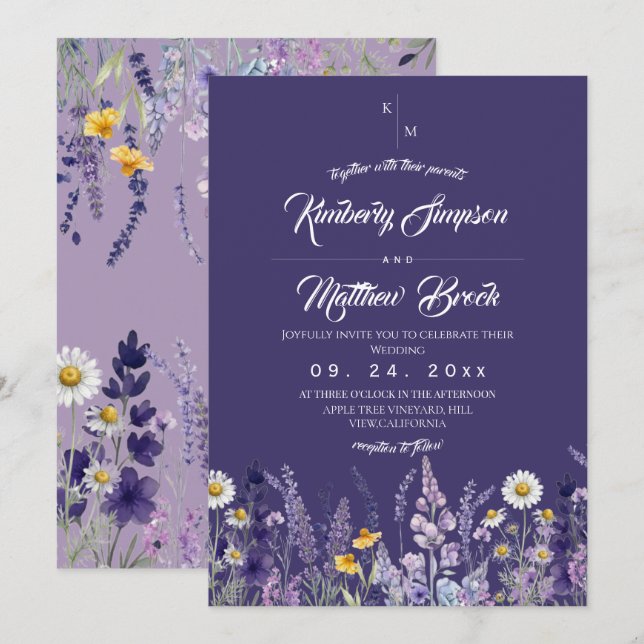Convite Casamento Selvagem Moderno e Elegante Roxo Rústico (Frente/Verso)