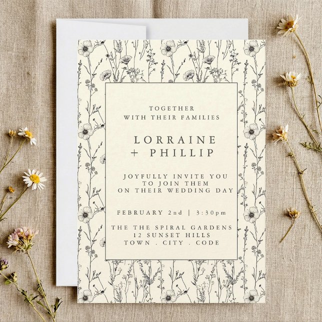 Convite Casamento sem costura de flores selvagens delicios (Delicate wild flowers seamless pattern wedding invitation.)