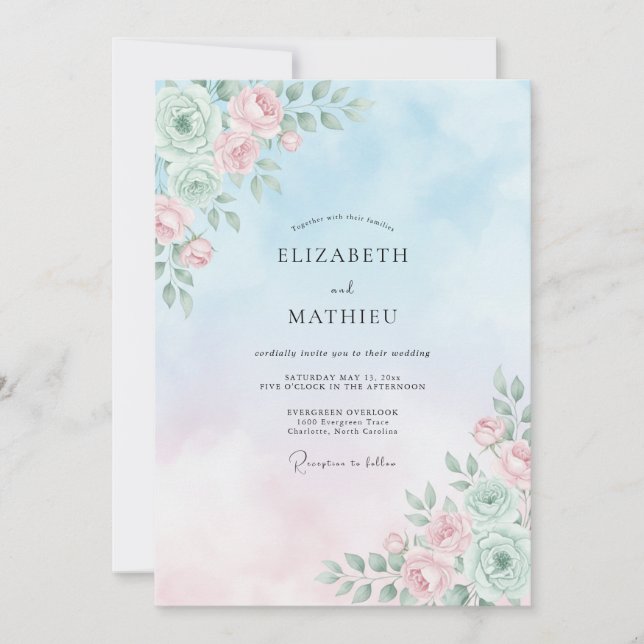 Convite Casamento Seráfico de Bebê Azul na Primavera (Frente)