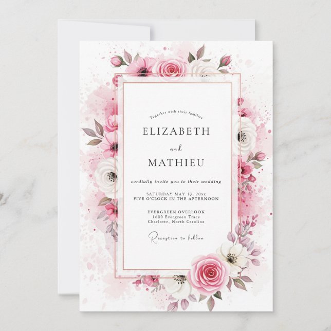 Convite Casamento Seráfico de Primavera Rosa Corado (Frente)