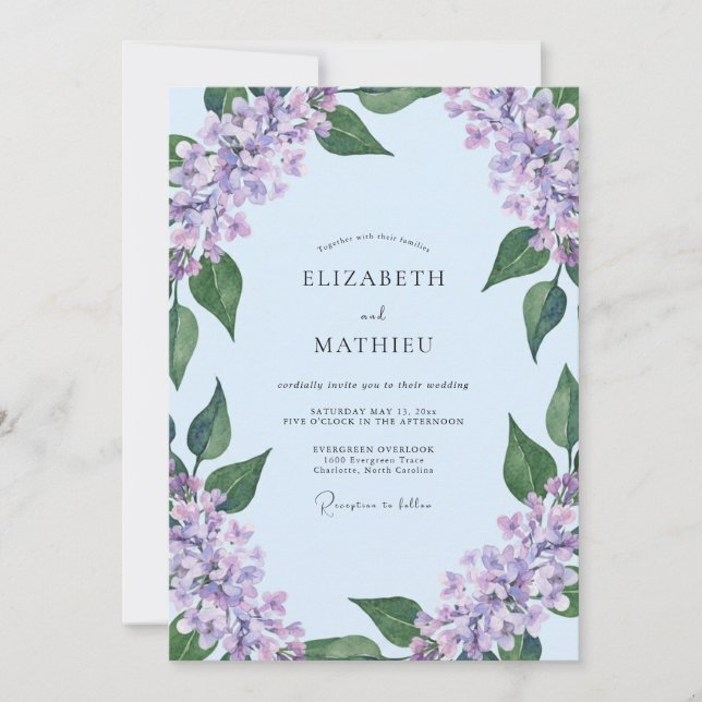 Convite Casamento Seráfico Lilás Azul Pálido (Frente)