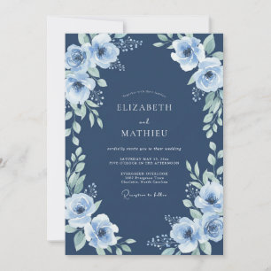 Convite Casamento Serenidade Floral Azul Marinho