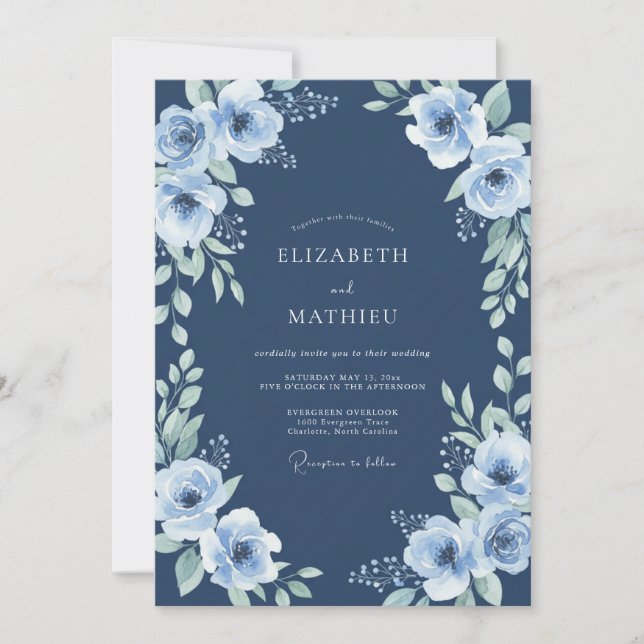 Convite Casamento Serenidade Floral Azul Marinho (Frente)