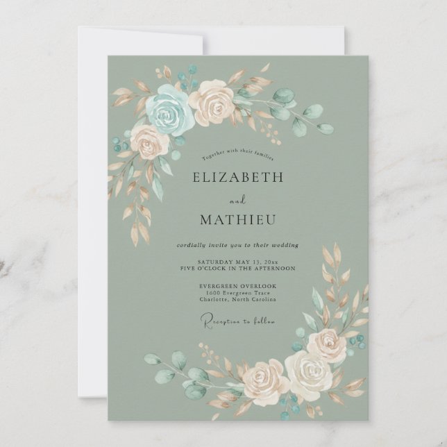 Convite Casamento Sereno Botânico em Sage Teal (Frente)