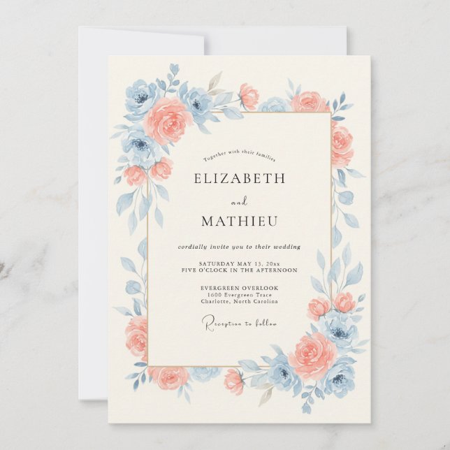 Convite Casamento Sereno de Primavera Azul Céu e Pêssego (Frente)