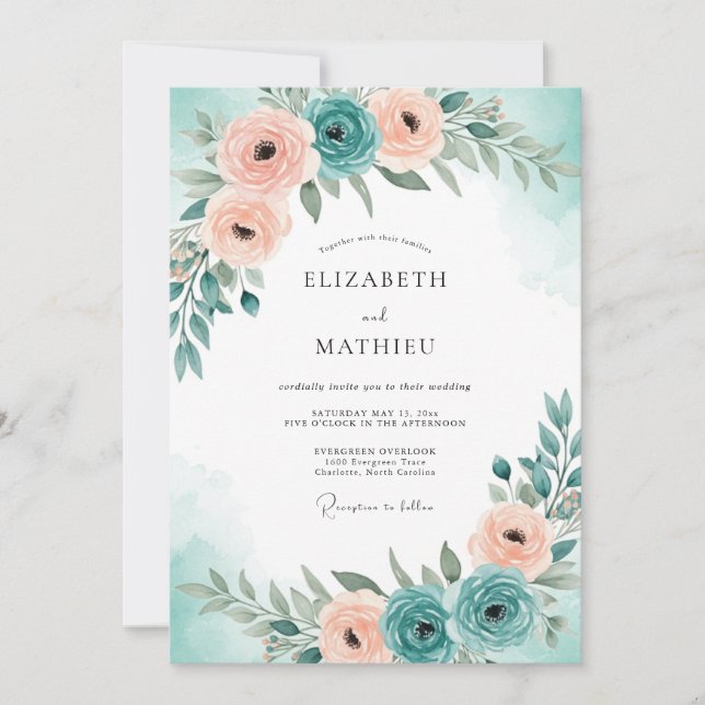 Convite Casamento Sereno de Primavera Azul Teal (Frente)
