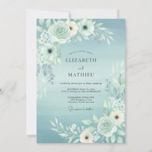 Convite Casamento Sereno em Aquarela Azul Claro