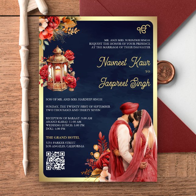 Convite Casamento Sikh Anand Karaj Código QR Naval Floral  (Criador carregado)