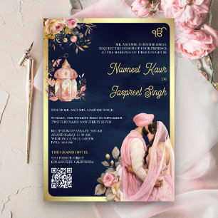 Convite Casamento Sikh Anand Karaj Código QR Naval Floral 