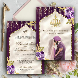 Convite Casamento Sikh Anand Karaj Floral em Ouro Roxo
