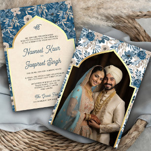 Convite Casamento Sikh Anand Karaj Foto Floral Marfim Azul