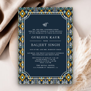 Convite Casamento Sikh Anand Karaj Ikat Azul Escuro Amarel