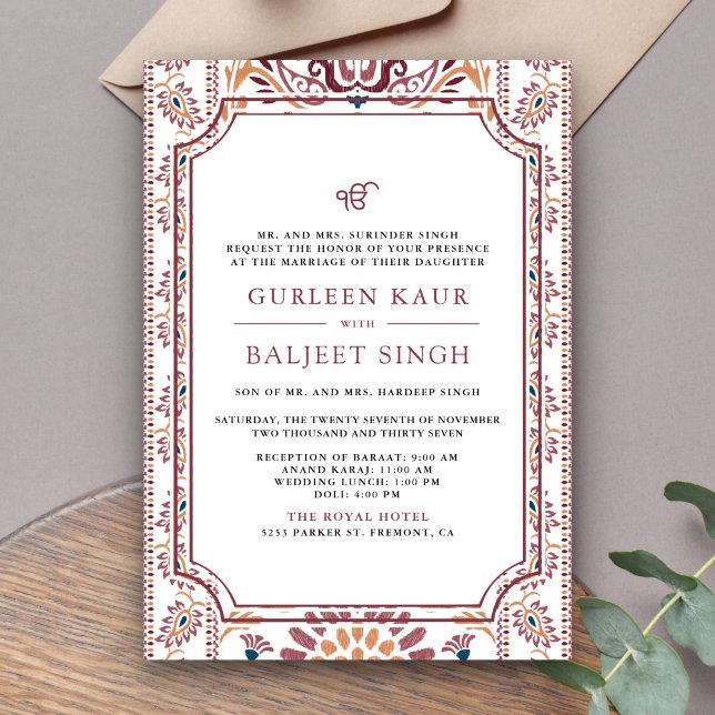 Convite Casamento Sikh Anand Karaj Ikat Branco Rosa (Criador carregado)
