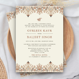 Convite Casamento Sikh Anand Karaj Ikat Creme Marrom