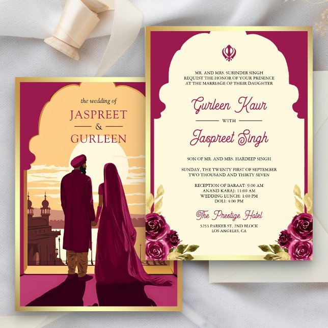 Convite Casamento Sikh Anand Karaj Magenta Étnico Indiano (Criador carregado)