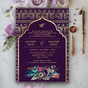 Convite Casamento Sikh Anand Karaj Pavão Dourado Roxo