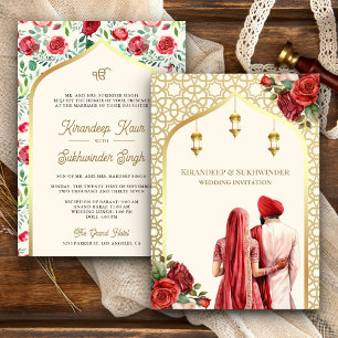 Convite Casamento Sikh Anand Karaj Rosas Vermelhas Ouro Cr