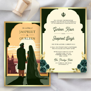 Convite Casamento Sikh Anand Karaj Verde Escuro Étnico Ind