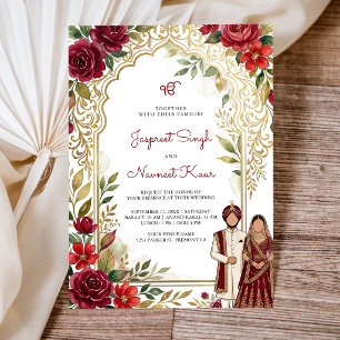 Convite Casamento Sikh Arco Dourado Floral Vermelho Borgon