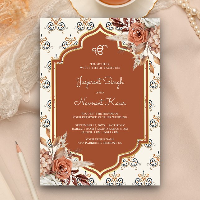 Convite Casamento Sikh Boho Rust Laranja Punjabi Anand Kar (Criador carregado)