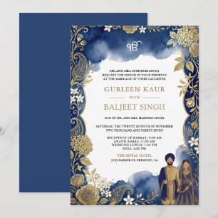 Convite Casamento Sikh de Paisley Dourado e Azul Real com 