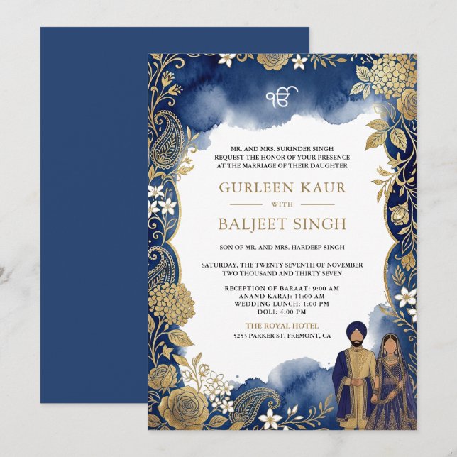 Convite Casamento Sikh de Paisley Dourado e Azul Real com  (Frente/Verso)