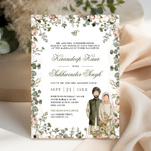 Convite Casamento Sikh Floral Verde Oliva e Rosa Empoeirad