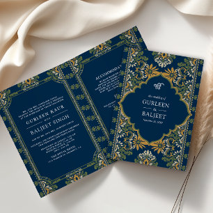 Convite Casamento Sikh Ikat Azul Verde Amarelo Tudo em Um