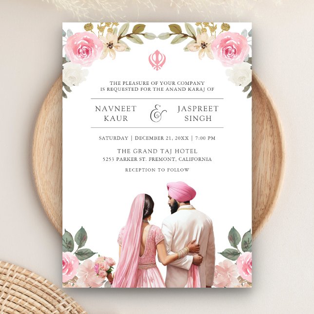 Convite Casamento Sikh Indígena de Anand Karaj Rosa Floral (Criador carregado)