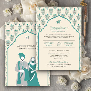 Convite Casamento Sikh Punjabi Anand Karaj Azul Teal Creme