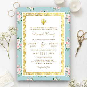 Convite Casamento Sikh Punjabi Anand Karaj Floral Rosa Azu