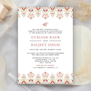Convite Casamento Sikh Red White Ikat Anand Karaj