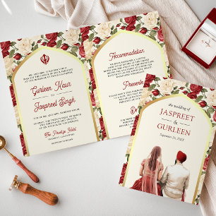 Convite Casamento Sikh Tudo em Um Floral Marfim Vermelho