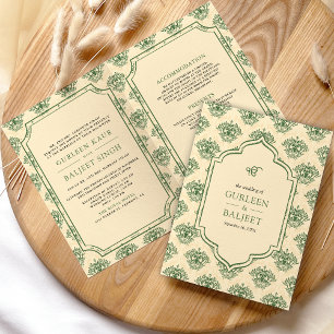 Convite Casamento Sikh Tudo em Um Green Cream Ikat Damask