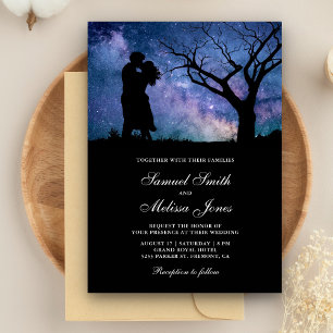 Convite Casamento Silhueta de Casal Romântico Galáxia Azul